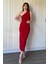 Drapeli Tek Omuz Yırtmaçlı Kırmızı Elbise 6