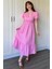 Müslin Kumaş Kısa Kol Pembe Midi Elbise 2