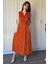 Kruvaze Yaka Krinkıl Midi Tokalı Turuncu Elbise 7