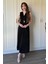 Kruvaze Yaka Krinkıl Midi Tokalı Siyah Elbise 2