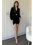 Balon Uzun Kollu Aksesuar Detaylı Kemerli Mini V Yaka Siyah Elbise 2