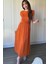 Vatkalı Krinkıl Midi Bel Detaylı Turuncu Elbise 1