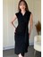 Fırfır Detaylı Kruvaze Yaka Midi Siyah Elbise 1