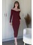 Omuz Detaylı Vücudu Saran Midi Bordo Elbise 6