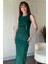 Taş Detaylı Yırtmaçlı Drapeli Yeşil Elbise 1