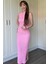 Gofre Kumaş Pembe Midi Elbise 3