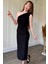 Drapeli Tek Omuz Siyah Midi Elbise 1