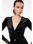 Kadın V Yaka Uzun Kollu Metal Aksesuarlı Slim Fit Kadife Elbise 6WAK80121FK 3