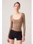 x Ece Mocha Melanj Uzun Kollu U Yaka Spor Bluz Scoop Neck Top 1