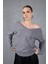 Kadın Gri Önü Taş Detaylı V Yaka Triko Bluz 3