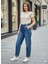 Kadın Beli Lastikli Kot Pantolon Bağcıklı Jogger Model Rahat Kesim Mavi Denim Jean 1