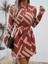 Kadın Uzun Kollu V Yakalı Desenli Belinde Kuşaklı Dalgıç Elbise L-Xl-Bordo 1