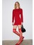 NIVARA Kadın Yuvarlak Yaka Yarasa Uzun Kollu Ön Süs Dikiş Detaylı Arkası Fermuarlı Mini Kırmızı Elbi 3