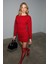 NIVARA Kadın Yuvarlak Yaka Yarasa Uzun Kollu Ön Süs Dikiş Detaylı Arkası Fermuarlı Mini Kırmızı Elbi 4