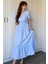 Müslin Kumaş Kısa Kol Midi Mavi Elbise 6