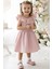 Kız Bebek Pudra Cherry Fiyonklu Fırfırlı Elbise Toka Takım 4