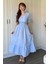 Müslin Kumaş Kısa Kol Midi Mavi Elbise 7