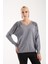 Kadın Gri Omuzları Taş Detaylı V Yaka Triko Bluz 1