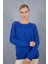 Kadın Saks Mavisi Ajurlu Inci Detaylı Reglan Kollu Yuvarlak Yaka Triko Bluz 1