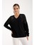 Kadın Siyah Omuzları Taş Detaylı V Yaka Triko Bluz 1