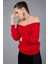 Kadın Kırmızı Önü Taş Detaylı V Yaka Triko Bluz 3