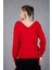 Kadın Kırmızı Önü Taş Detaylı V Yaka Triko Bluz 4