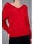 Kadın Kırmızı Önü Taş Detaylı V Yaka Triko Bluz 5