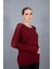 Kadın Bordo Ajurlu Inci Detaylı Reglan Kollu Yuvarlak Yaka Triko Bluz 2