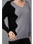 Gri-Siyah Iki Renkli Taş Detaylı V Yaka Triko Bluz 6