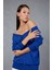 Kadın Saks Mavisi Önü Taş Detaylı V Yaka Triko Bluz 1