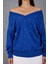 Kadın Saks Mavisi Önü Taş Detaylı V Yaka Triko Bluz 5