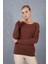 Kadın Kahve Ajurlu Inci Detaylı Reglan Kollu Yuvarlak Yaka Triko Bluz 1