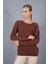 Kadın Kahve Ajurlu Inci Detaylı Reglan Kollu Yuvarlak Yaka Triko Bluz 2
