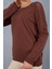 Kadın Kahve Ajurlu Inci Detaylı Reglan Kollu Yuvarlak Yaka Triko Bluz 5