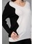 Beyaz-Siyah Iki Renkli Taş Detaylı V Yaka Triko Bluz 5