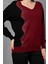 Bordo-Siyah Iki Renkli Taş Detaylı V Yaka Triko Bluz 5