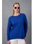 Kadın Saks Mavisi Omuzları Taş Detaylı Geniş Manşetli Bisiklet Yaka Triko Bluz 1