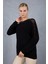 Kadın Siyah Ajurlu Inci Detaylı Reglan Kollu Yuvarlak Yaka Triko Bluz 2