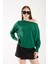 Kadın Zümrüt Yeşili Kayık Yaka Triko Bluz 1