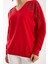 Kadın Kırmızı Omuzları Taş Detaylı V Yaka Triko Bluz 5