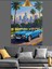Mavi Spor Araba Plajda Dekoratif Kanvas - Mdf Ahşap Tablo 5