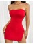 Kırmızı Metalli Straplez Mini Elbise 2