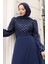 Pullu Kuşaklı Şifon Abiye Elbise 5617-02 Lacivert 4