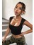 Kadın Siyah Kare Yaka Kalınlaşan Omuz Detaylı Crop Top Bluz 5