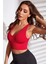 Kadın Kırmızı Derin Göğüs Dekolteli Şık Crop Top Bluz 2