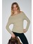 Olıvıenn Kadın Omuzu Açık Asimetrik Yakalı Uzun Kollu Slim Fit Vizon Bluz 5