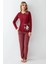 Anne Kız %100 Pamuklu Bordo Uzun Kollu Pijama Takımı 3445 2