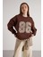 Nakışlı 3 Iplik Şardonlu Sweatshirt Kahve 2