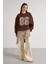 Nakışlı 3 Iplik Şardonlu Sweatshirt Kahve 4