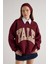 Kadın Bordo Nakışlı Şardonlu Oversize Sweatshirt 30080 1